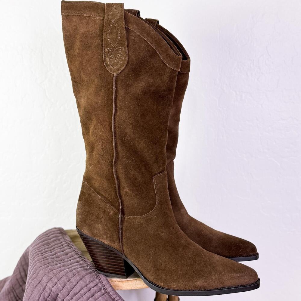 Sam Edelman Jamie Block Heels Suede Cowboy Country Western Boots Brown 9.5 NWT